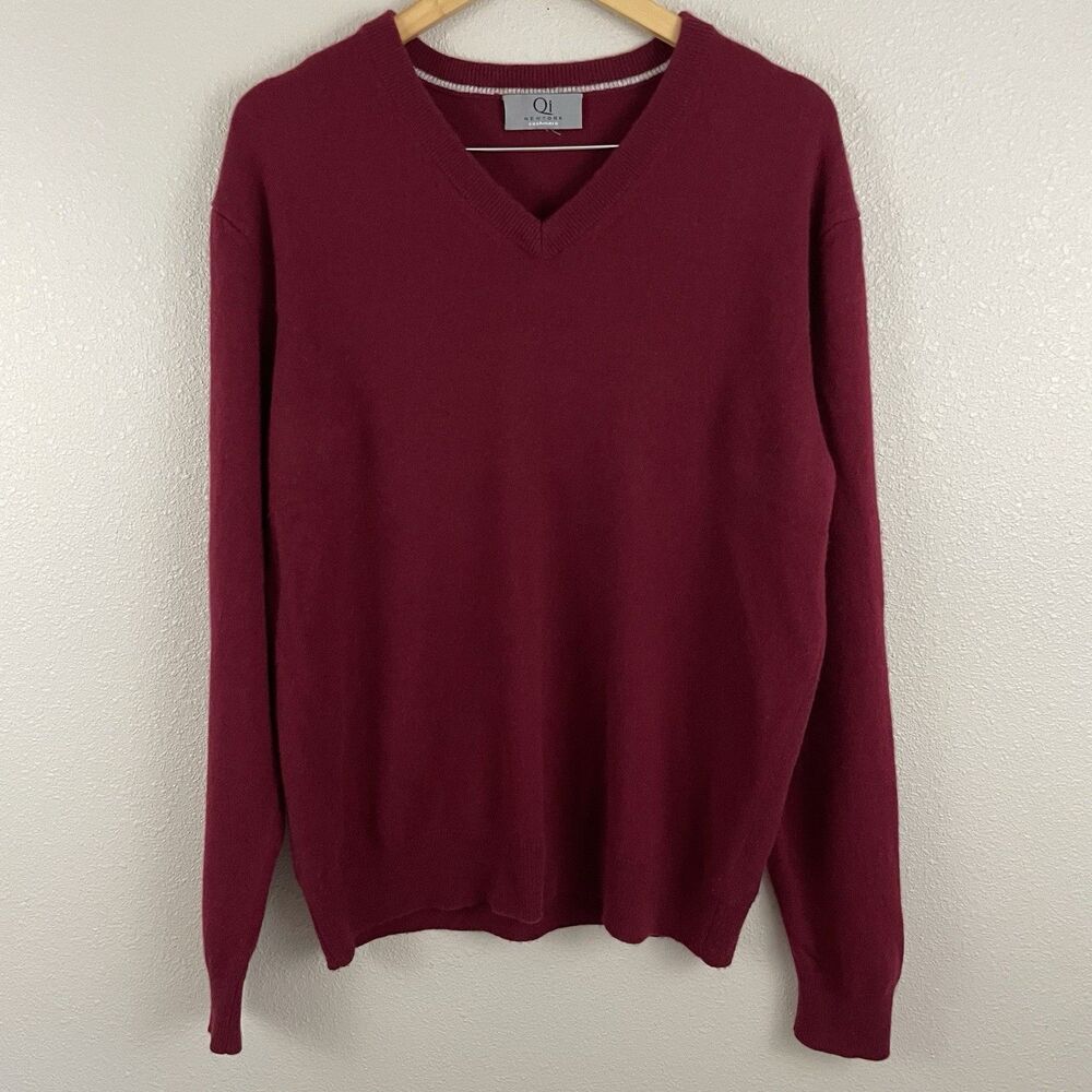 Qi Cashmere Mens XL V Neck 100% Cashmere Maroon Pull Over Sweater